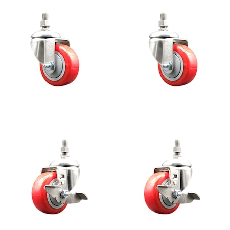 Service Caster 3.5 Inch 316SS Red Polyurethane Swivel 12mm Stem Caster Brake SCC, 2PK SS316TS20S3514-PPUB-RED-M1215-2-TLB2